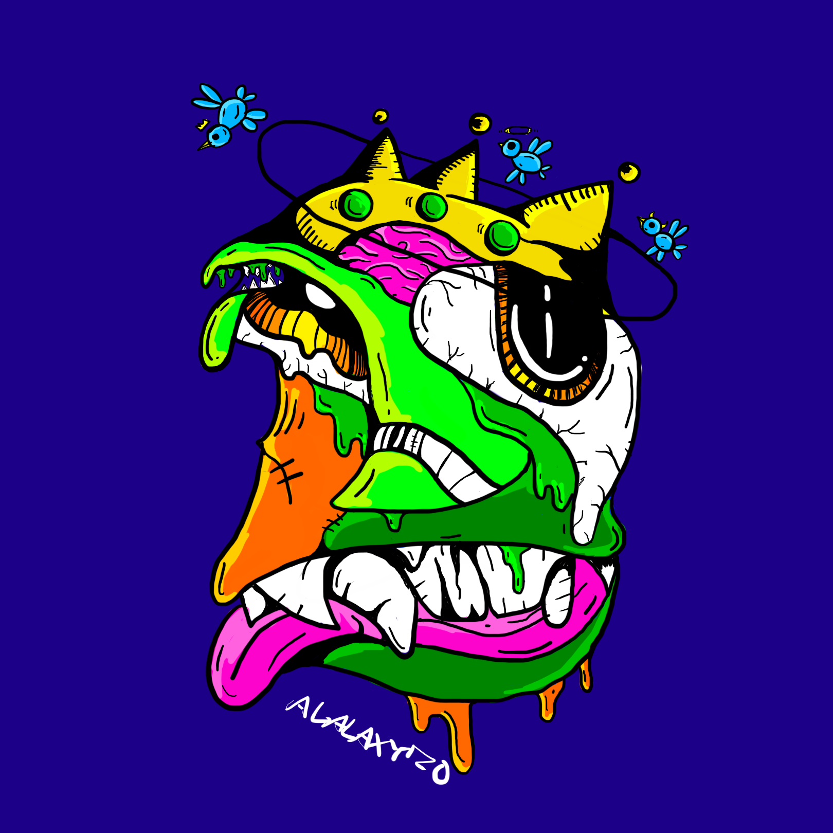 Image Description: The image is in full colour. The background is solid indigo. The foreground is Oddball; the head of a multi-coloured stitched head with a gold crown on with blue jewels. The face is split into sections; one solid orange, another lime green, and another dark green. Oddball has large white teeth of varying sharpness, their tongue sitting under them. Oddball has a white bandage on their nose. Their eyes seem melted, one of the pupils having the POWER sign in them. Oddball's brain is slightly exposed underneath the crown. There are 3 little blue birds flying in a circle above the head. 

            11in x 11in printed on matte cardstock, Full Colour.